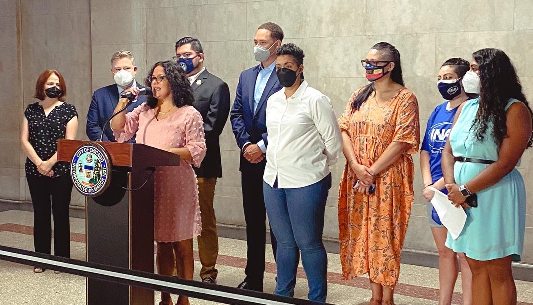 Rossana speaking at press conference for the Bodily Autonomy Ordinance